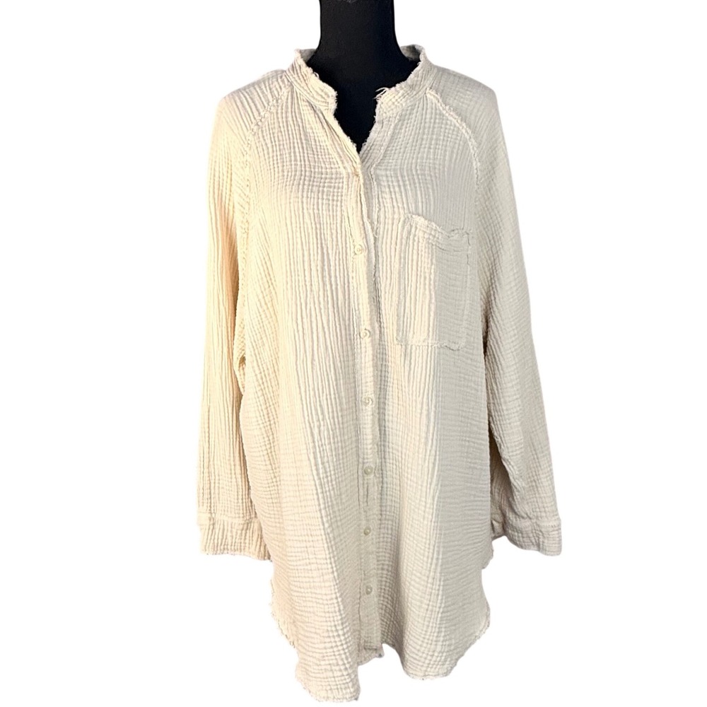 Aerie Gauze Button Down Shirt Cream Oversized Long Sleeve Boho Cottagecore M